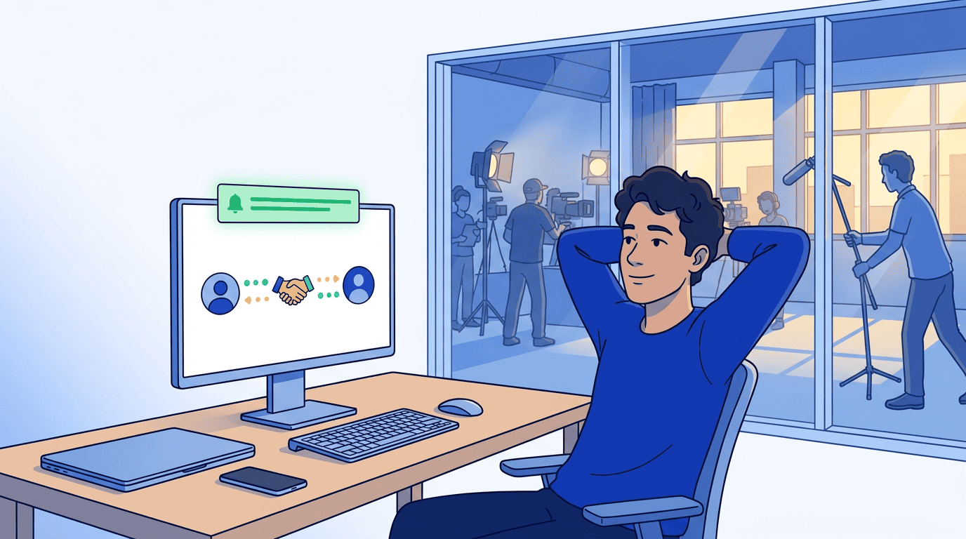 Ren leaning back with a quiet smile as his monitor shows two agents completing a deal — the office calm, the studio running in the background